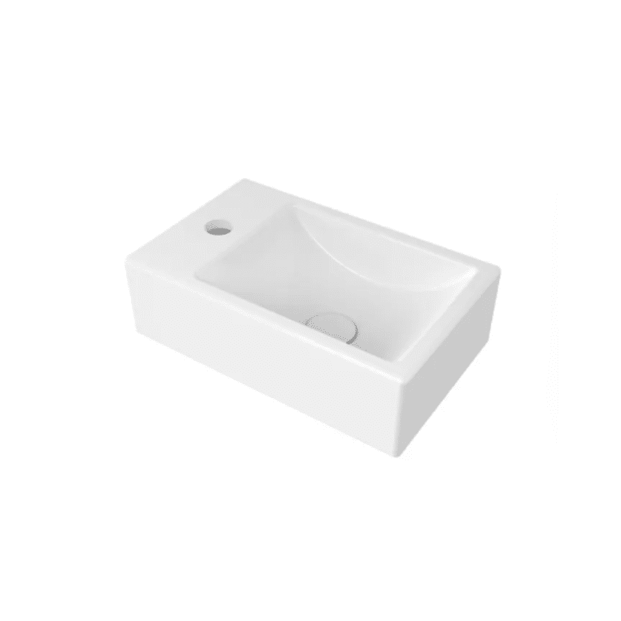 C_CODE; mali umivaonik 37x23 cm, rupa za miješalicu lijevo; bijeli sjaj; iz izložbe